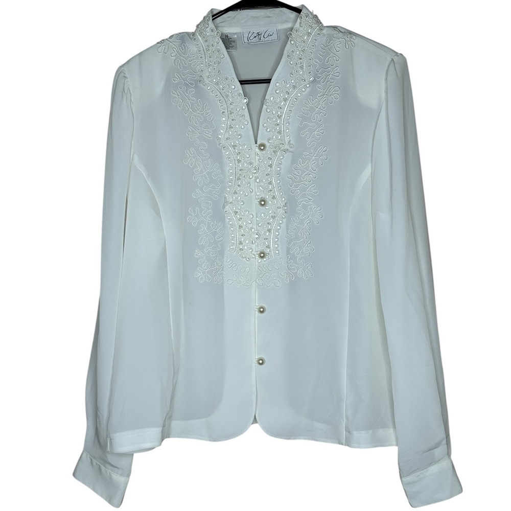 Kathy Che NWT VTG‎ Woman's Size 16 Button Up Top Ivory Geometric Pearls V-Neck